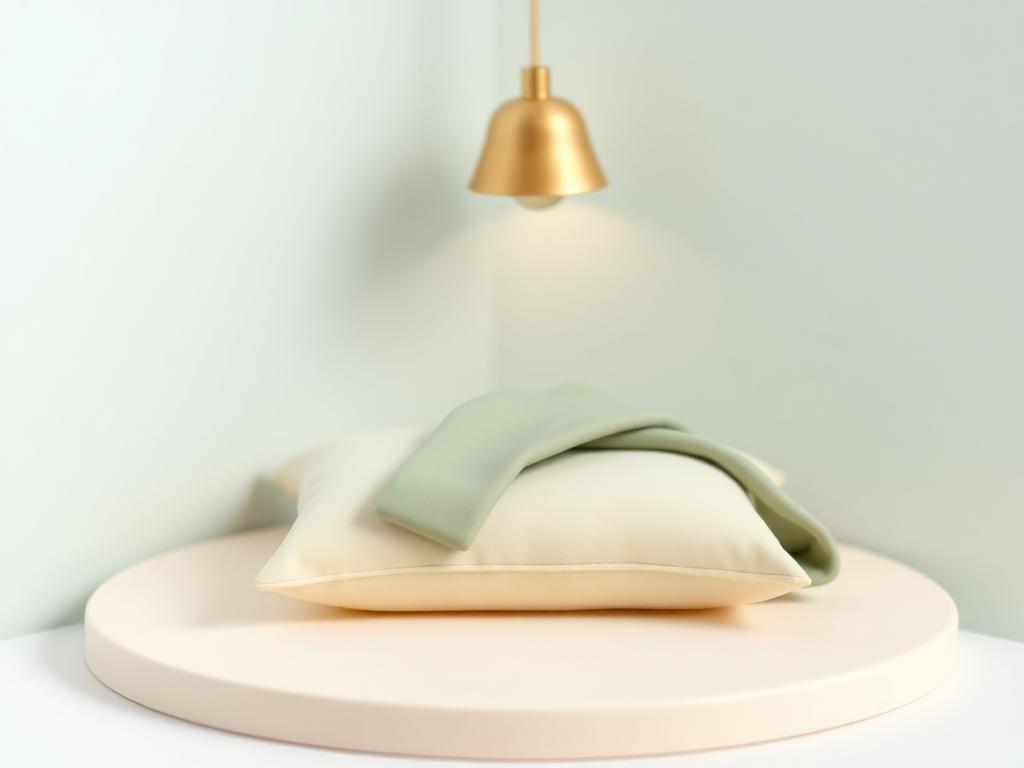 A cream clay pillow with a folded sage clay blanket under a dim gold clay lamp