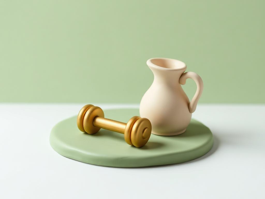 A small gold clay dumbbell beside a cream clay water jug on a sage clay mat