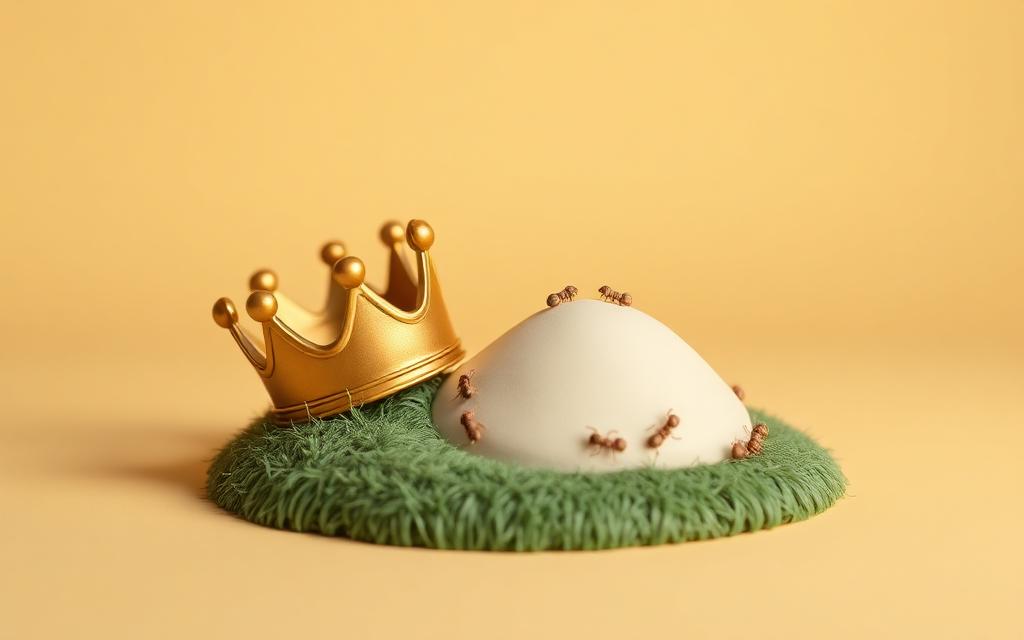 A gold clay crown resting on sage clay grass beside a tiny cream clay anthill with a line of clay ants, no faces
