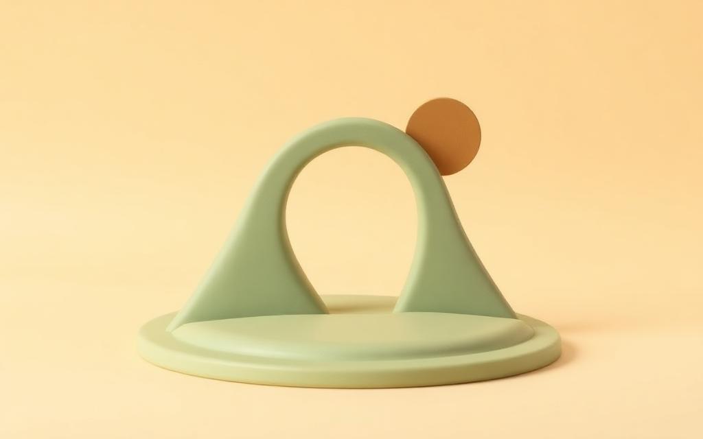 A sage clay cave mouth with a gold clay sun disc rising outside on a cream clay background