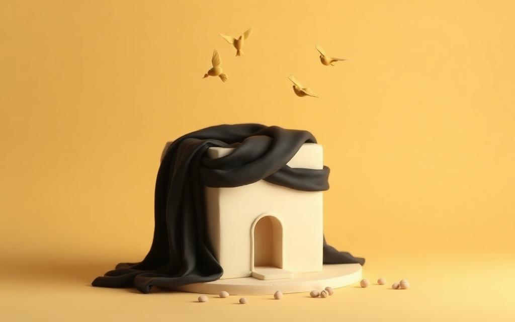 A cream clay cube house wrapped in a black clay cloth with small gold clay birds circling above and clay pebbles falling