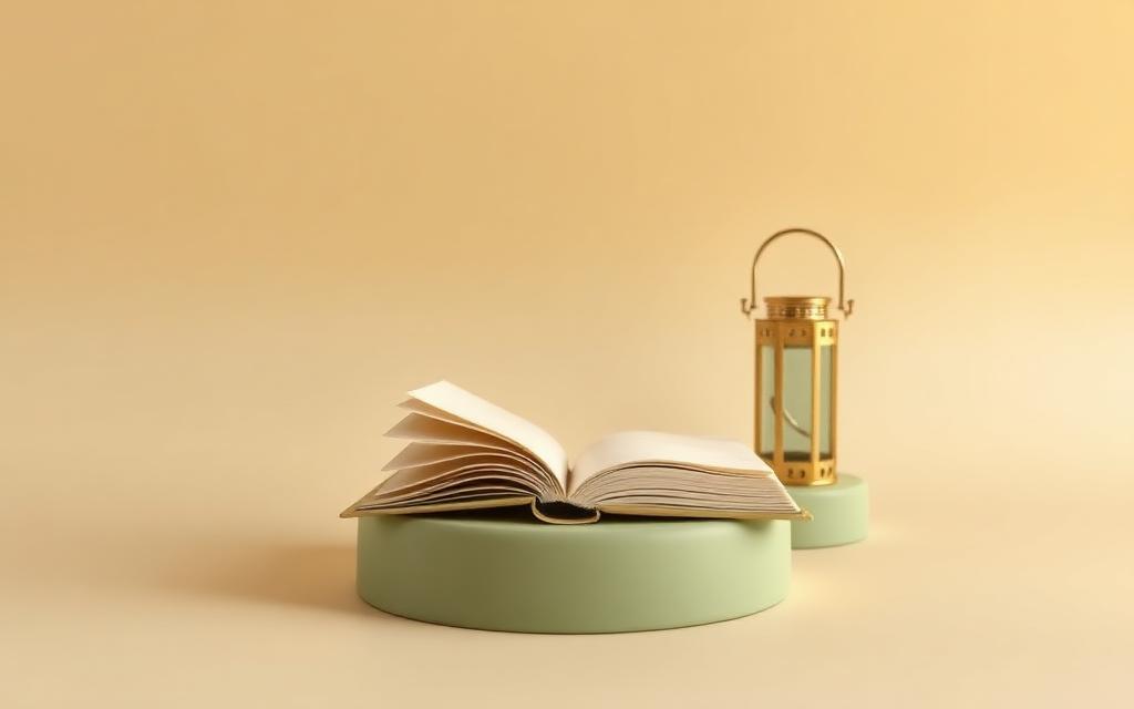 An open cream clay book on a sage clay stand with a gold clay lantern beside it