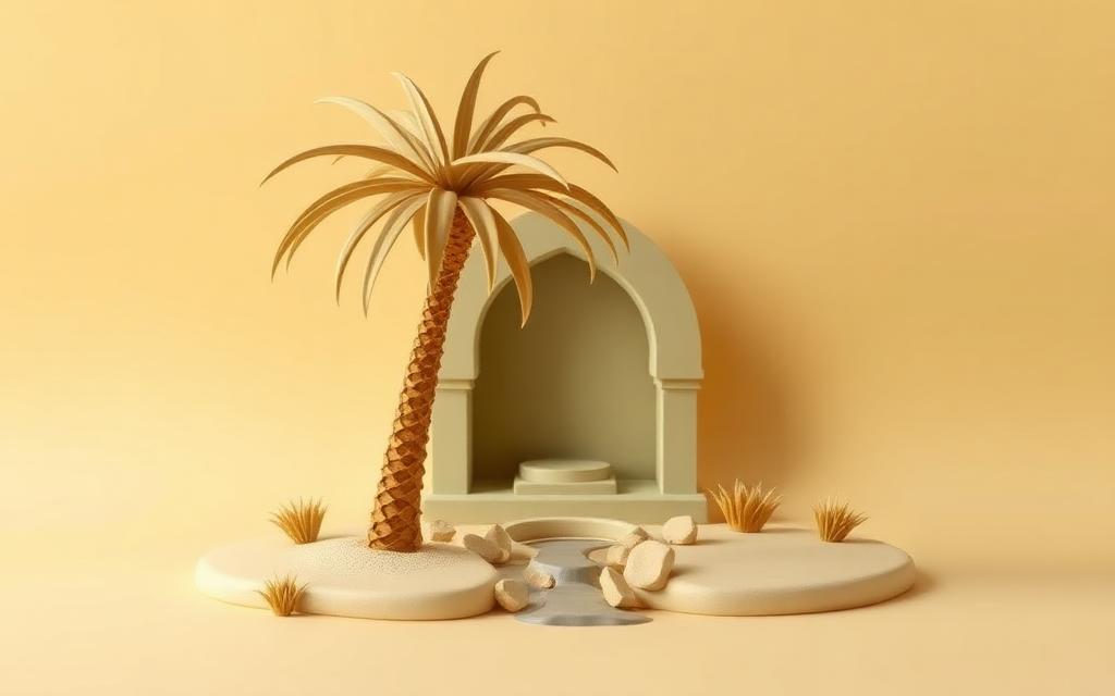 A gold clay date palm arching over a small cream clay stream with a sage clay prayer niche behind
