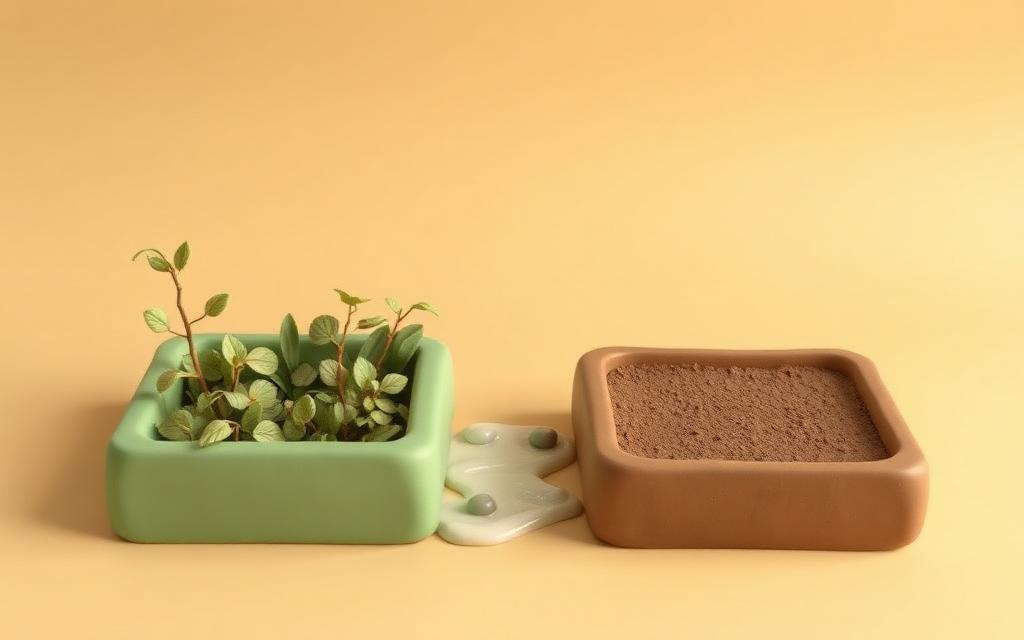 Two sage clay garden plots divided by a cream clay stream, one lush with gold clay vines and one bare