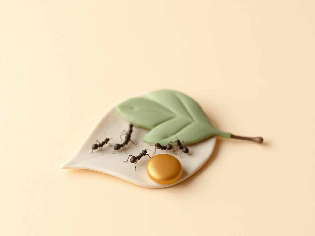 Tiny sage clay ants walking along a cream clay leaf with a gold clay pebble