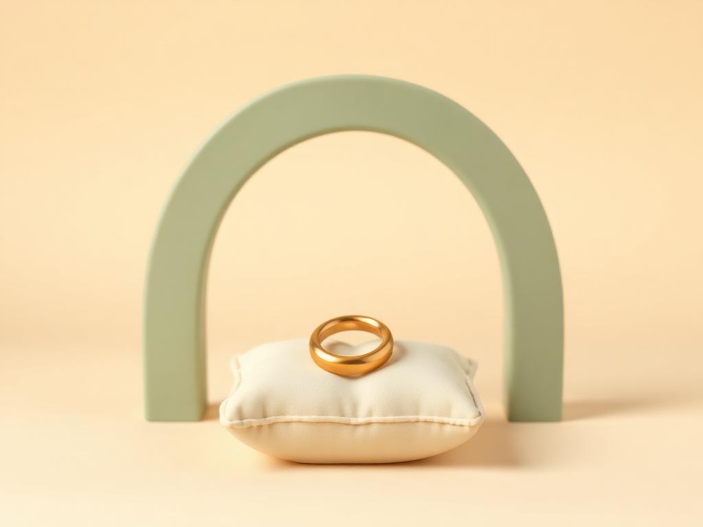 Gold clay ring resting on a cream clay cushion in front of a sage clay arch