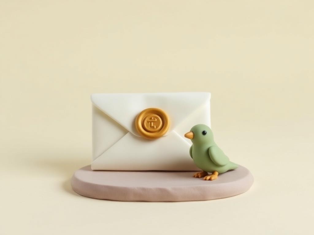 Cream clay folded letter with a gold clay wax seal beside a small sage clay bird figure