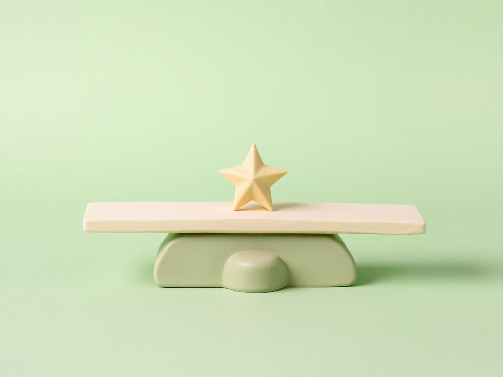 A cream clay seesaw resting level on a sage clay base with a gold clay star centred on the plank