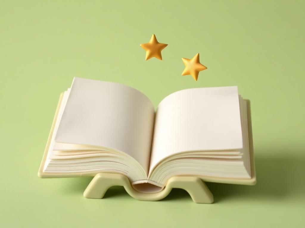A cream clay open book on a sage clay stand with two small gold clay stars rising from its pages