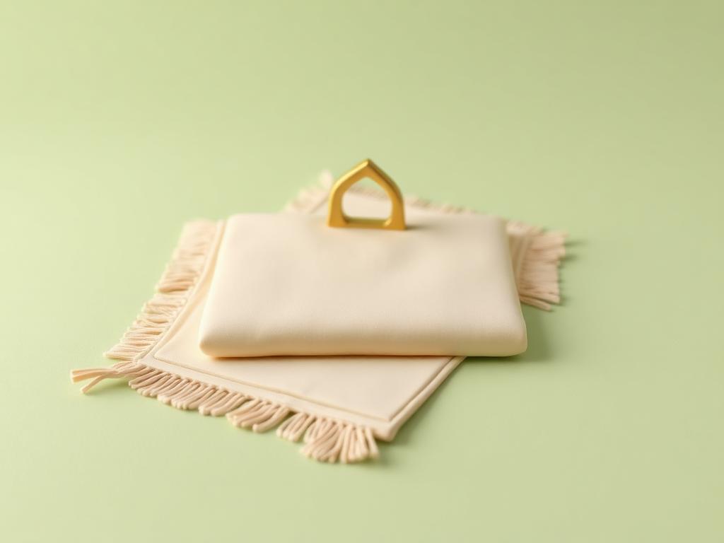A cream clay prayer mat laid straight on a sage clay floor with a gold clay arch marker at its head