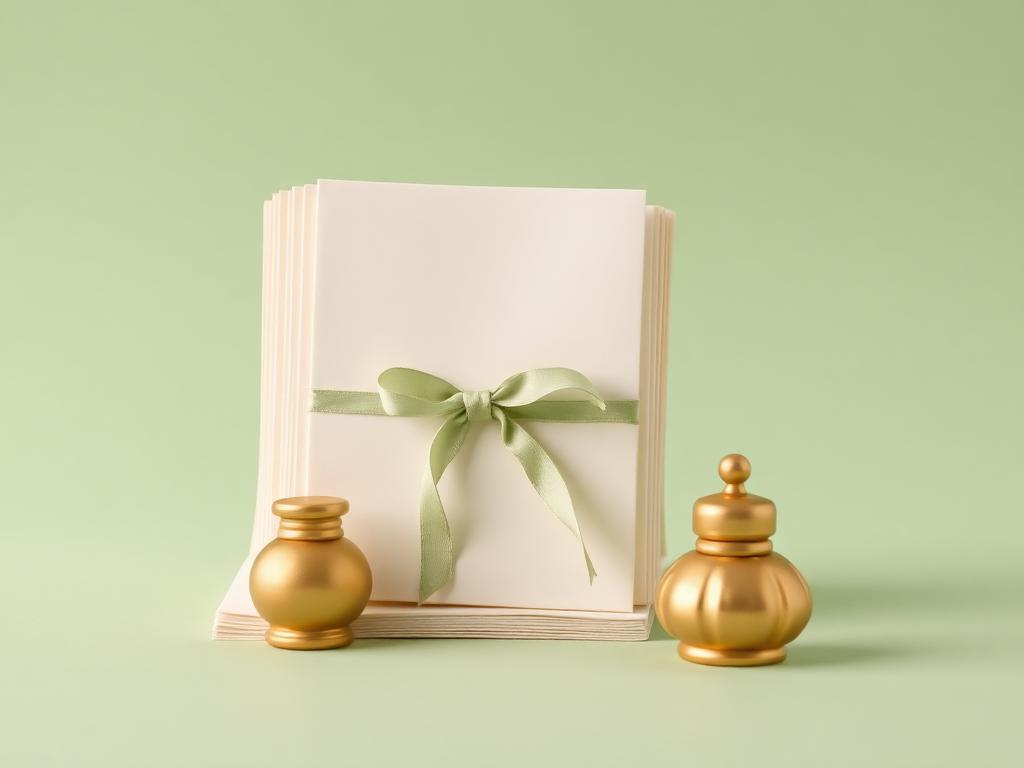 A cream clay stack of loose written pages tied with a sage clay ribbon beside a gold clay inkpot