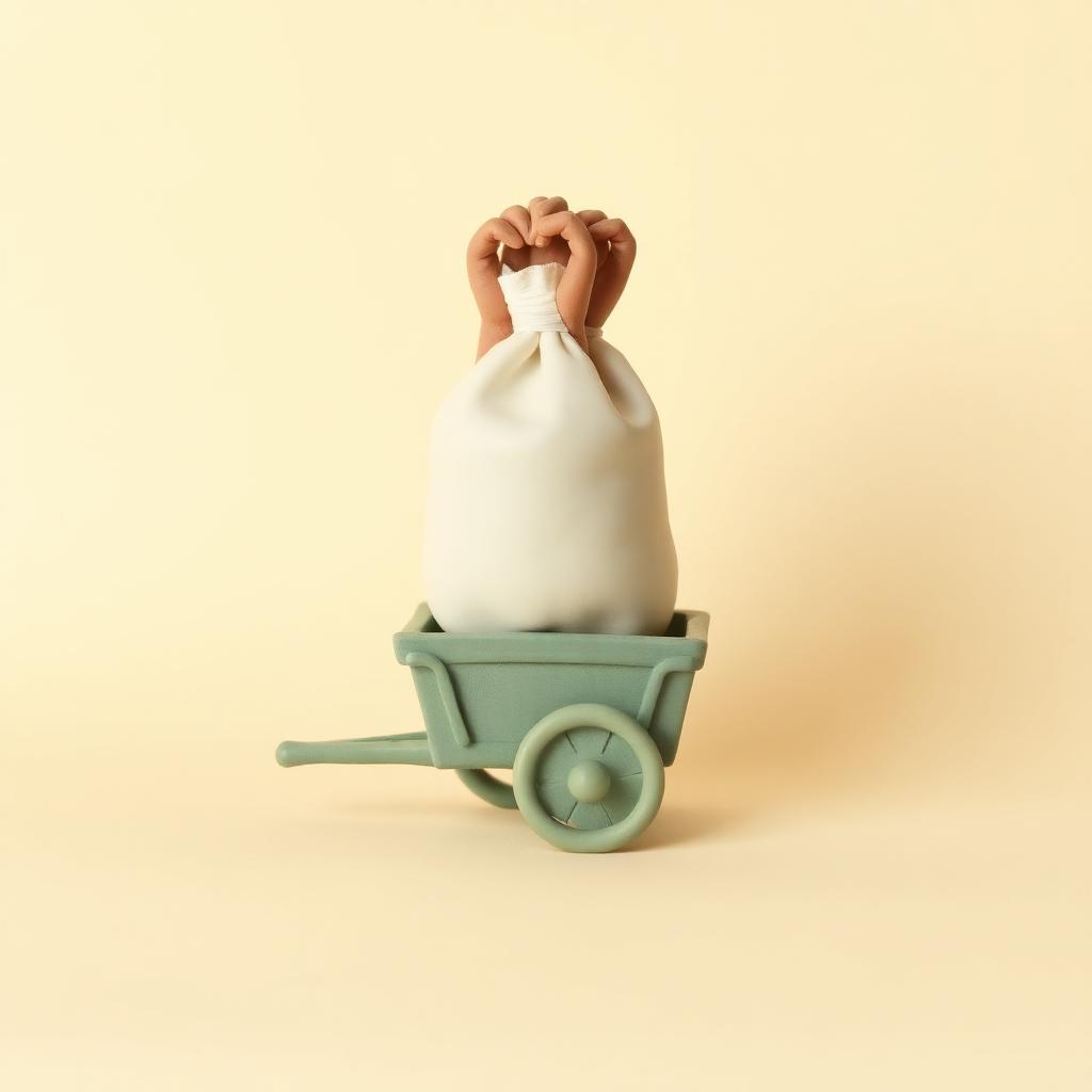 A cream clay sack being lifted by two clay hands into a small sage clay cart