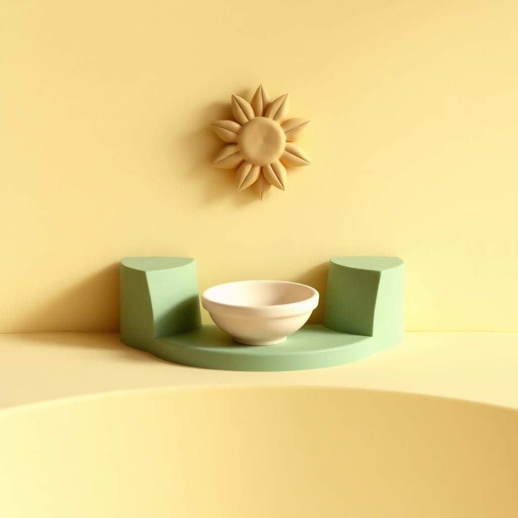 A cream clay bowl resting between two sage clay ledges under a gold clay star on the wall