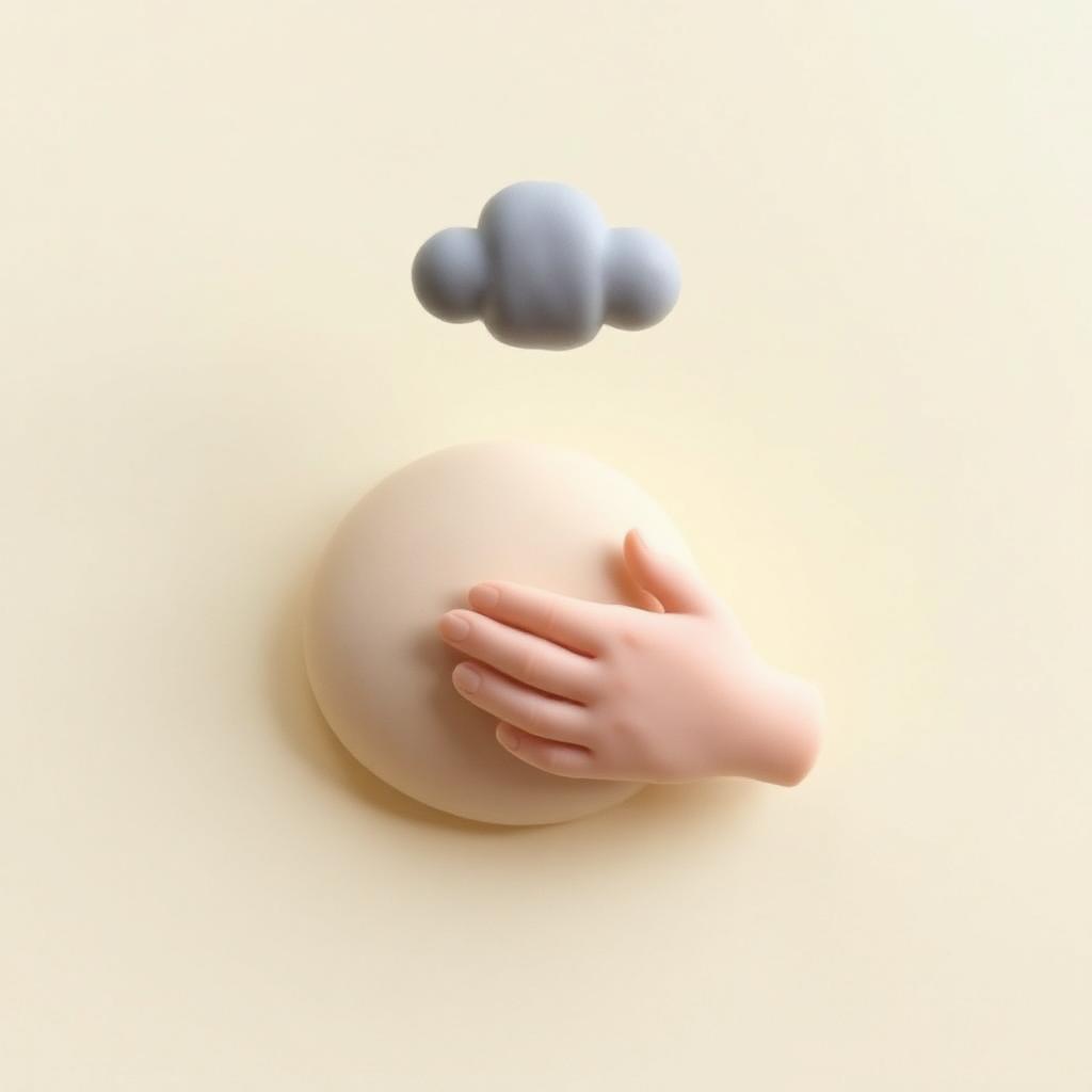 A small grey clay cloud floating away above a rounded cream clay shape with a clay hand resting on it