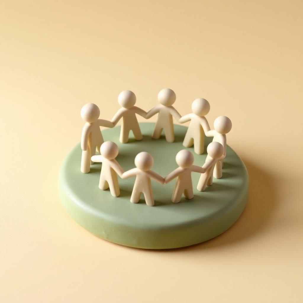 A ring of small faceless cream clay figures holding hands on a round sage clay base