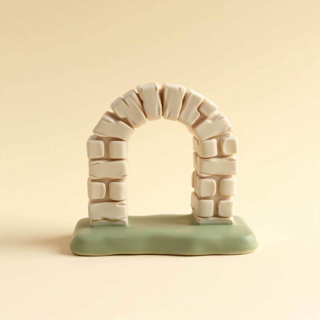 Cream clay bricks leaning together into a standing arch on a sage clay base