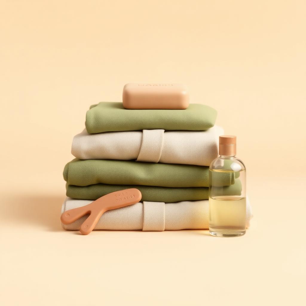 A folded stack of clean sage and cream clay clothes with a clay soap bar, comb and small scent bottle
