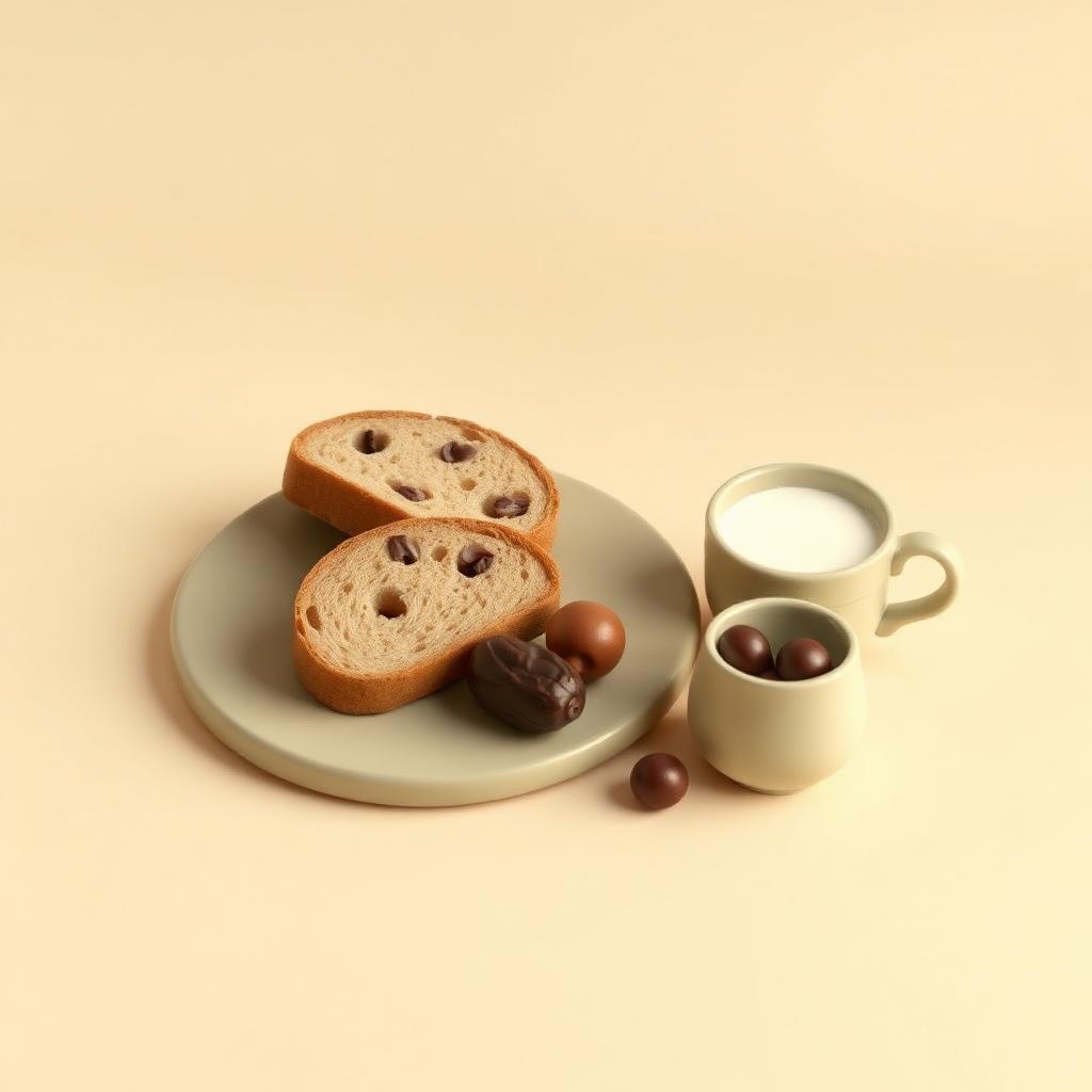 A sage clay plate with clay bread, dates and olives beside a small clay cup of milk