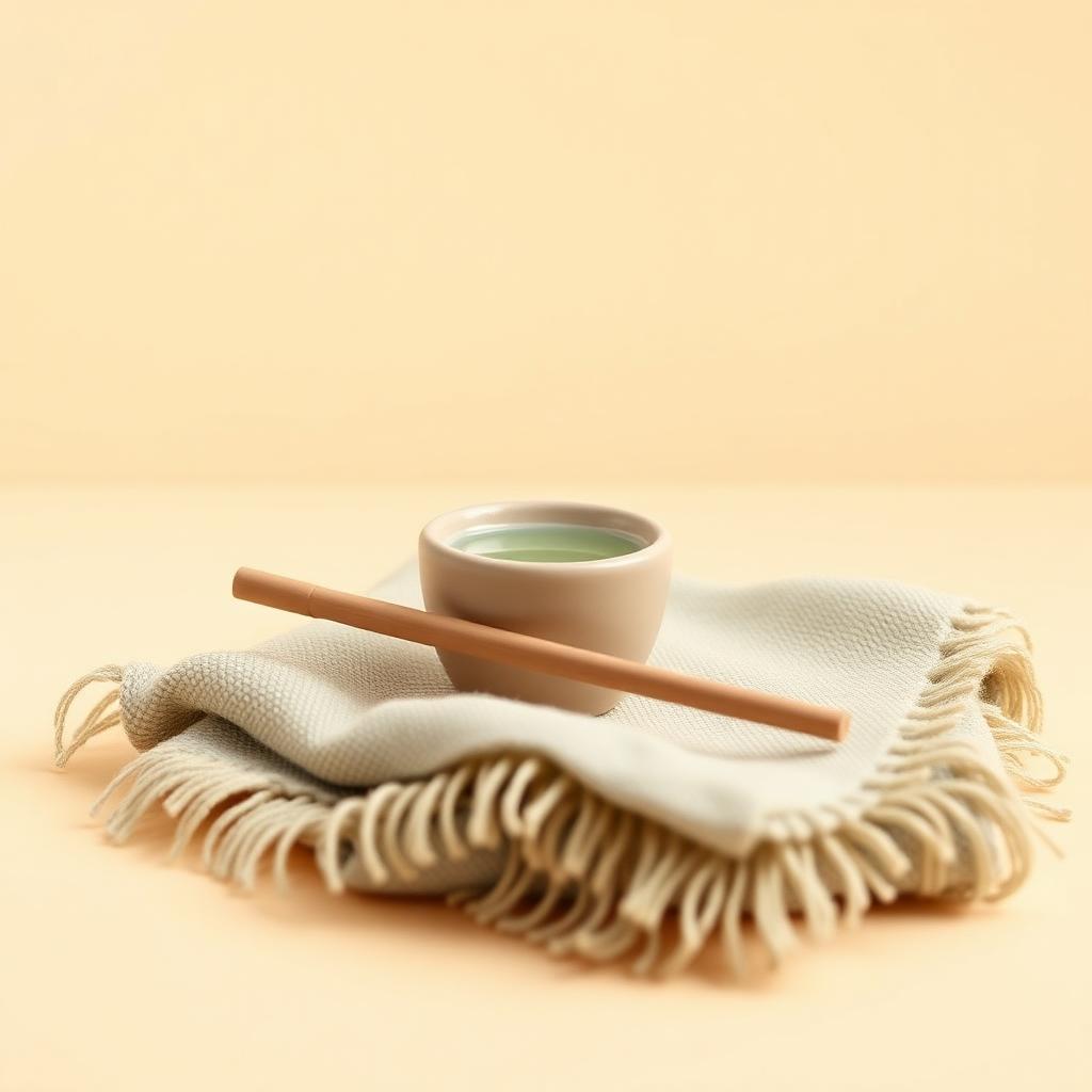 A slim clay miswak stick resting on a fringed cream cloth beside a small cup of water