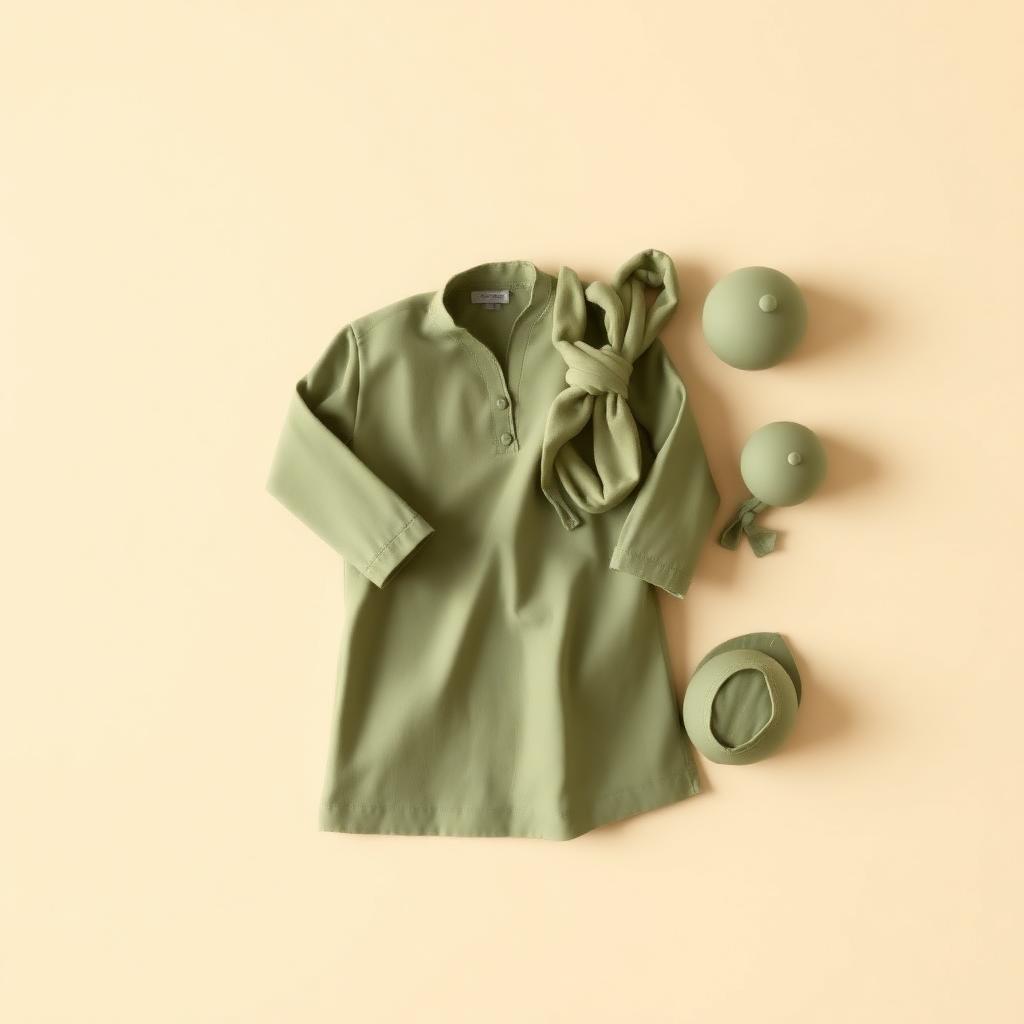 A folded sage clay tunic laid flat beside a folded clay headscarf and a simple clay cap