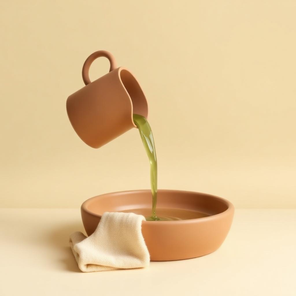 A clay jug pouring clear water into a shallow clay basin with a folded cream towel