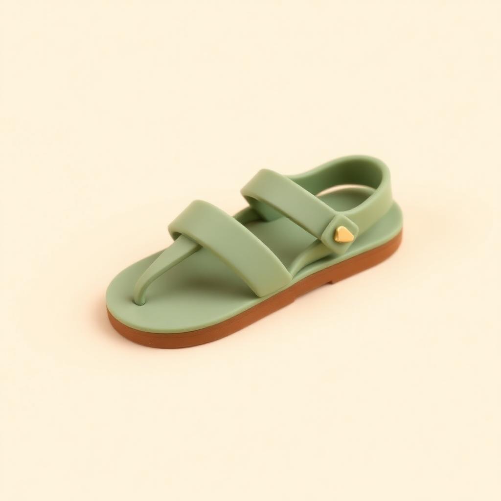 A single sage clay sandal for the right foot with a small gold clay arrow pointing right