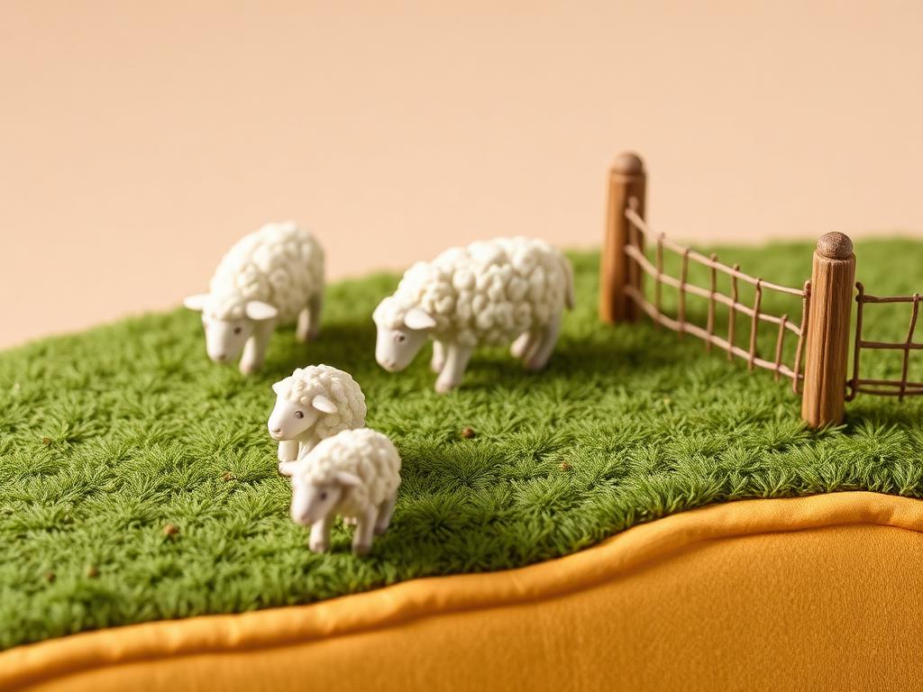 Cream clay sheep grazing well away from a fenced sage clay meadow edge marked in gold clay