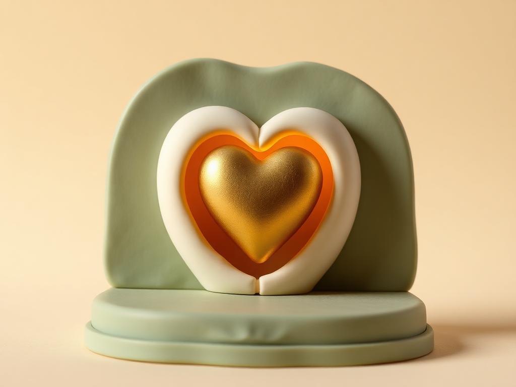A glowing gold clay heart set inside a cream and sage clay chest shape