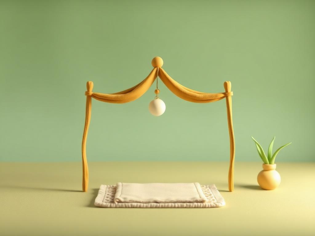 A cream clay prayer mat under a wide gold clay shade canopy on sage clay ground