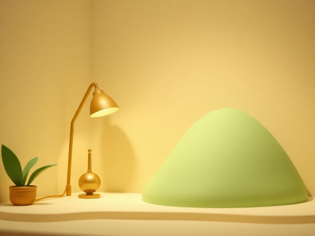 A gold clay lamp lighting a cream clay indoor corner and a sage clay hill outside equally