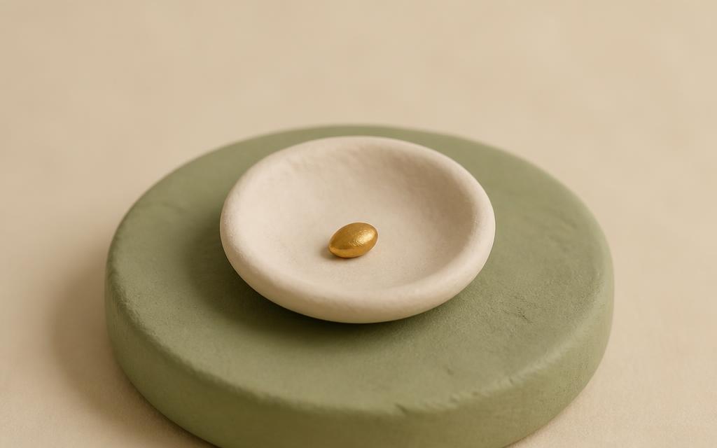 Three small cream clay figures on a sage clay path with a gold clay star between them