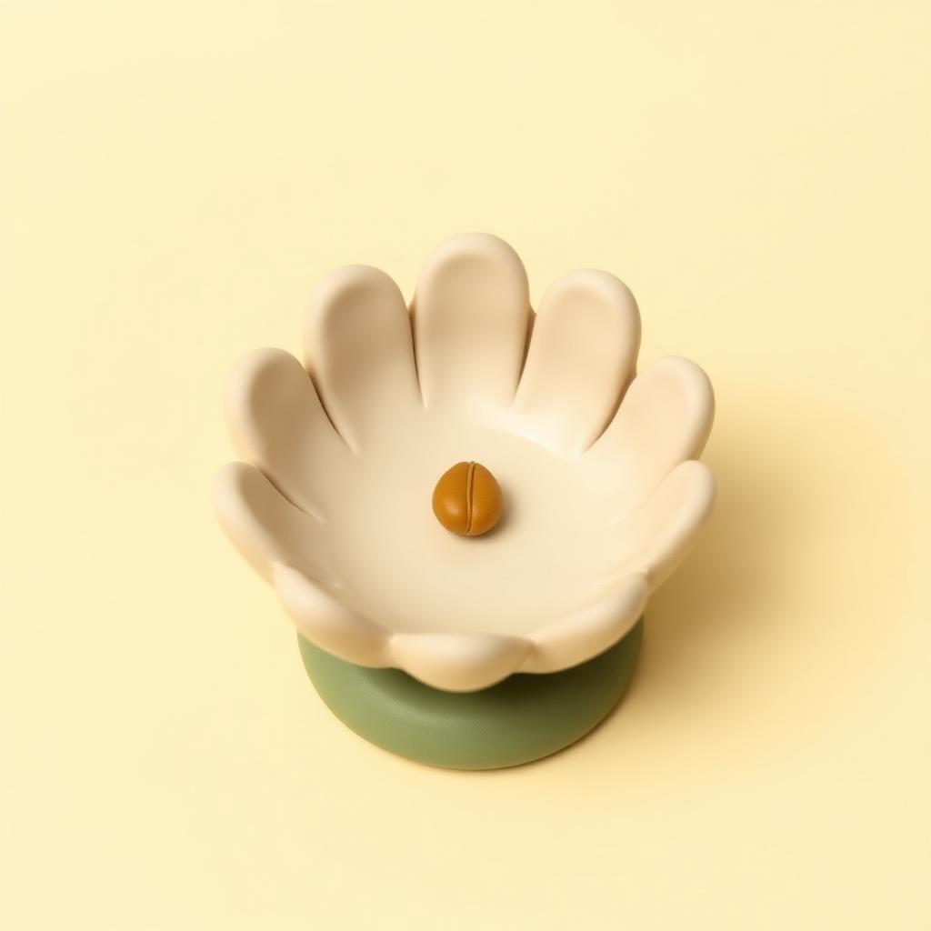One tiny gold clay seed resting in a small cream clay dish on a round sage clay base