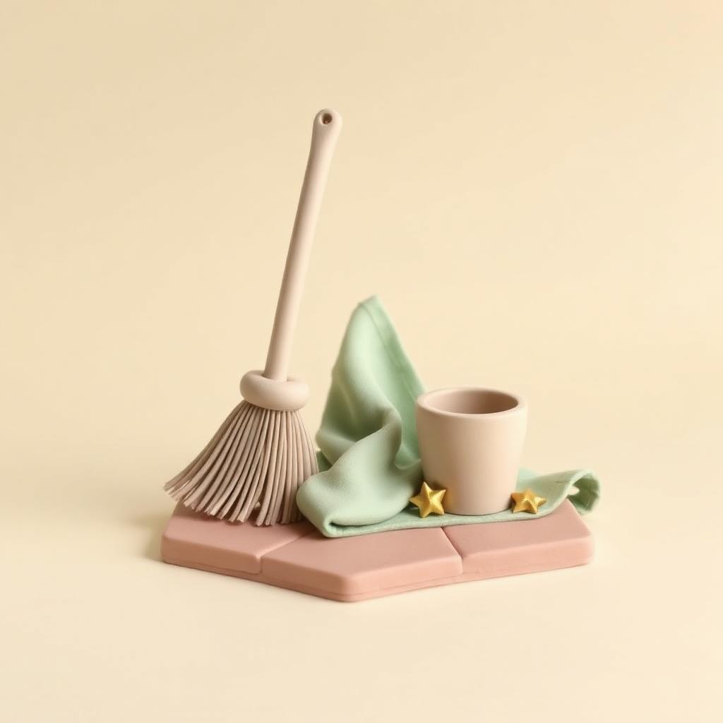 A cream clay broom leaning beside a small sage clay cooking pot on a clay floor tile