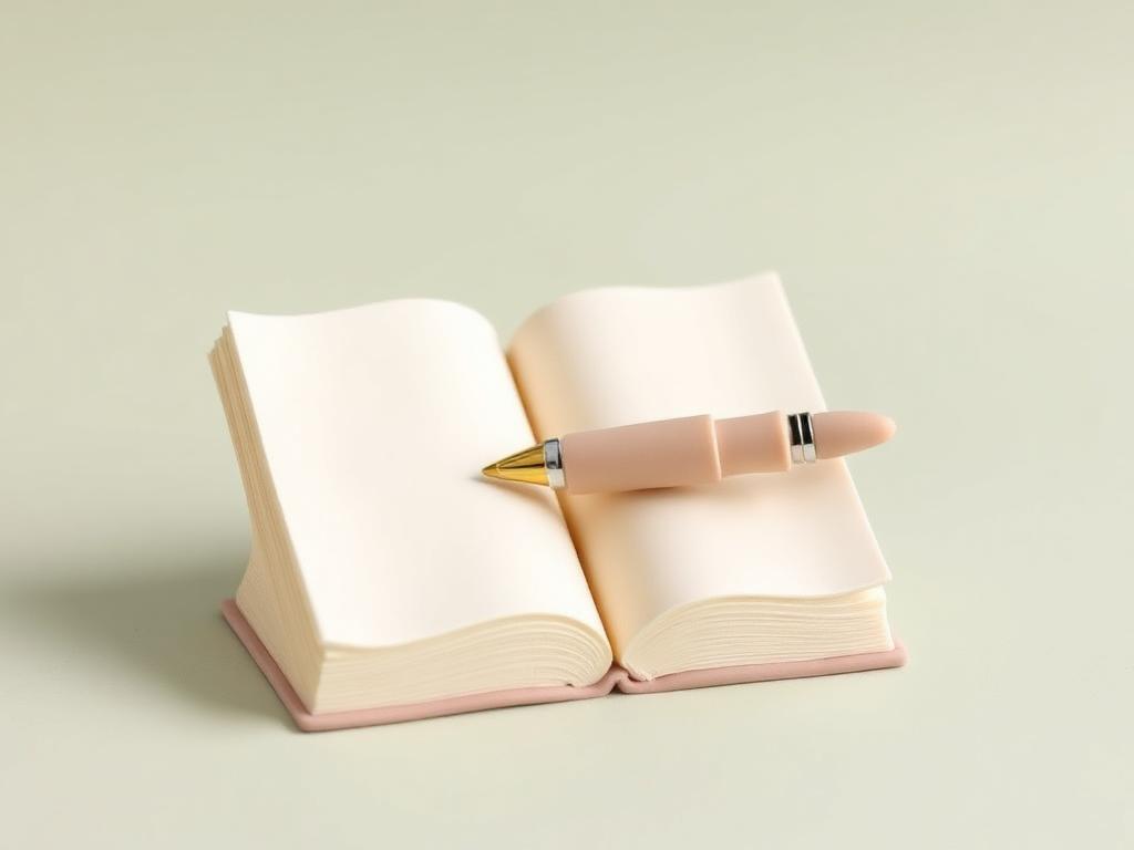 A cream clay pen resting on an open blank cream clay book with a gold clay star on the page