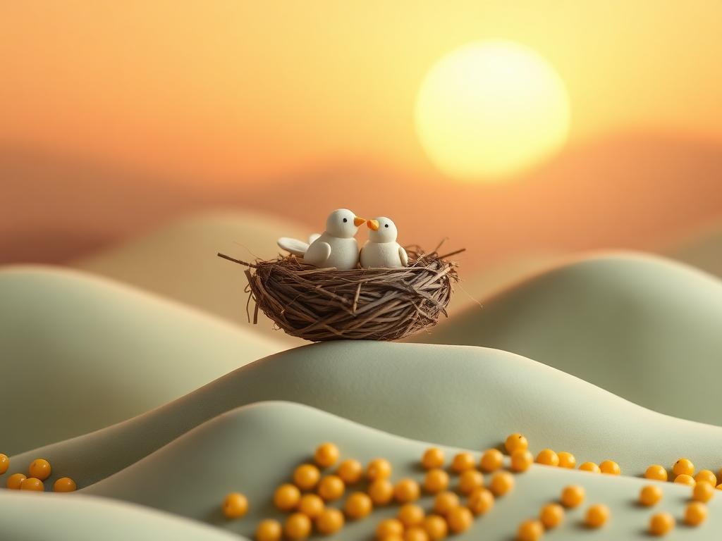 Two small cream clay birds leaving a nest at dawn over sage clay hills scattered with gold clay seeds