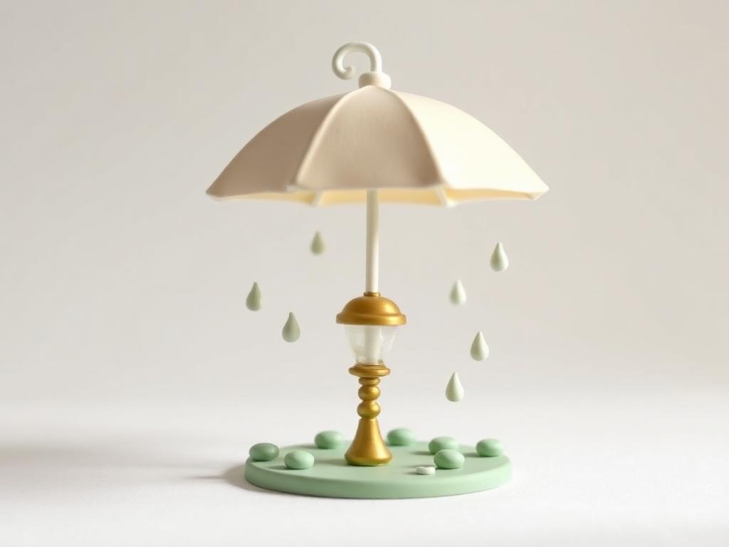 A cream clay umbrella shielding a small gold clay lamp from sage clay raindrops