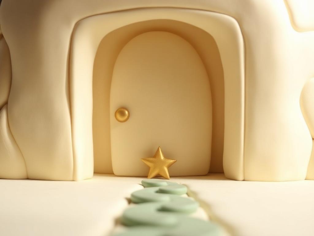 A cream clay doorway with a small gold clay star above the threshold and a sage clay path leading away