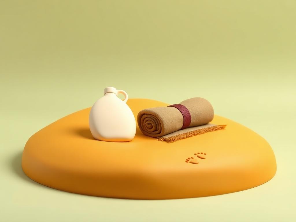 A cream clay water flask and rolled travel blanket on gold clay desert dunes with faint footprints