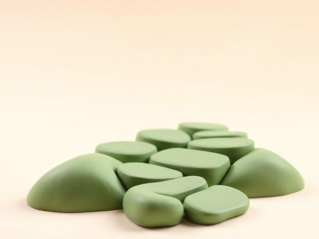 Sage clay stepping stones on a cream base with one stone curving back to rejoin the path