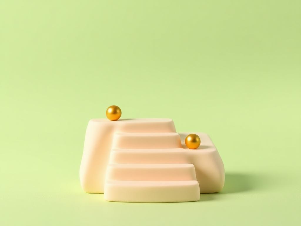 Four cream clay steps rising with small gold clay marker balls resting on them against a sage background