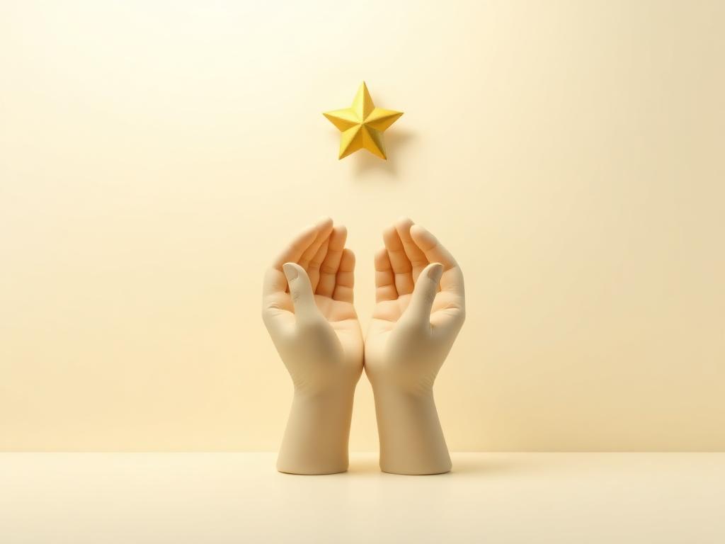 Cream clay open palms lifted with gold clay stars rising above them