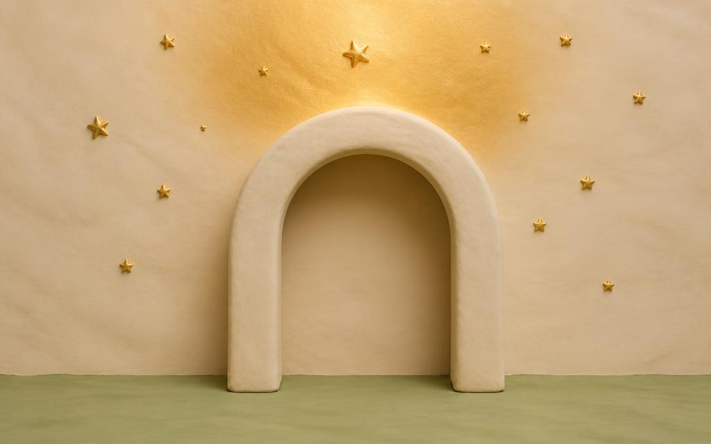 A plain cream clay archway on sage clay ground with a soft warm gold clay glow and tiny gold clay stars above