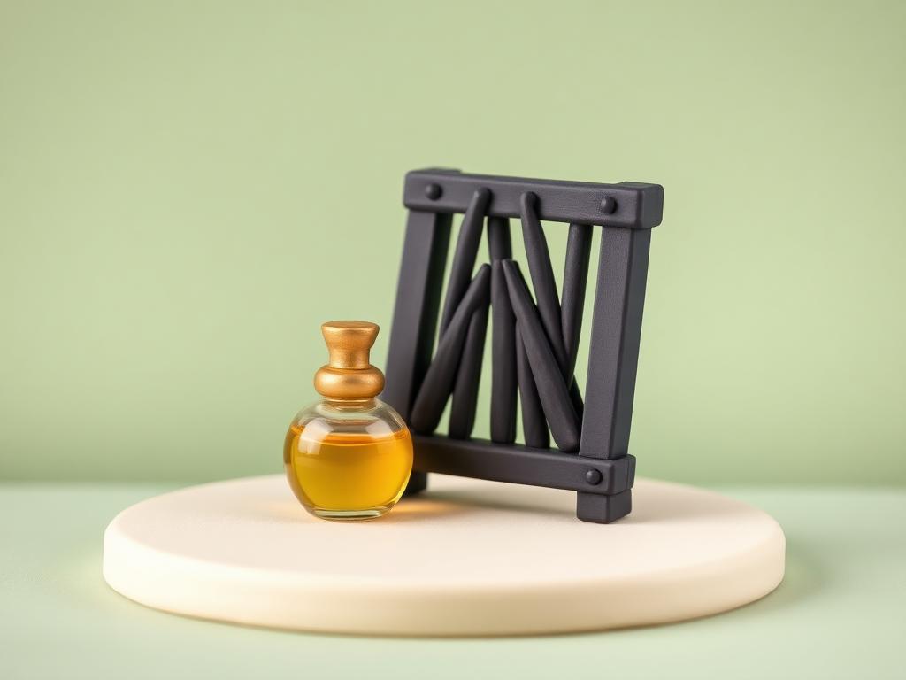 A small gold clay perfume bottle beside a dark grey clay bellows on a sage clay bench