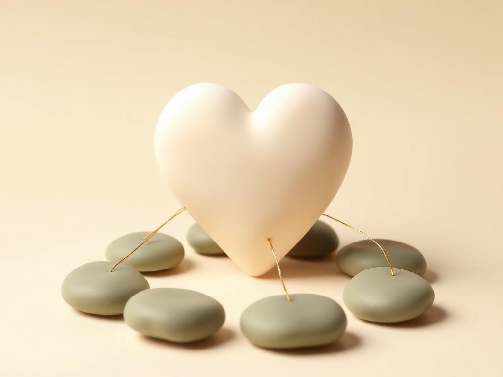 A cream clay heart joined by fine gold clay threads to a ring of sage clay pebbles