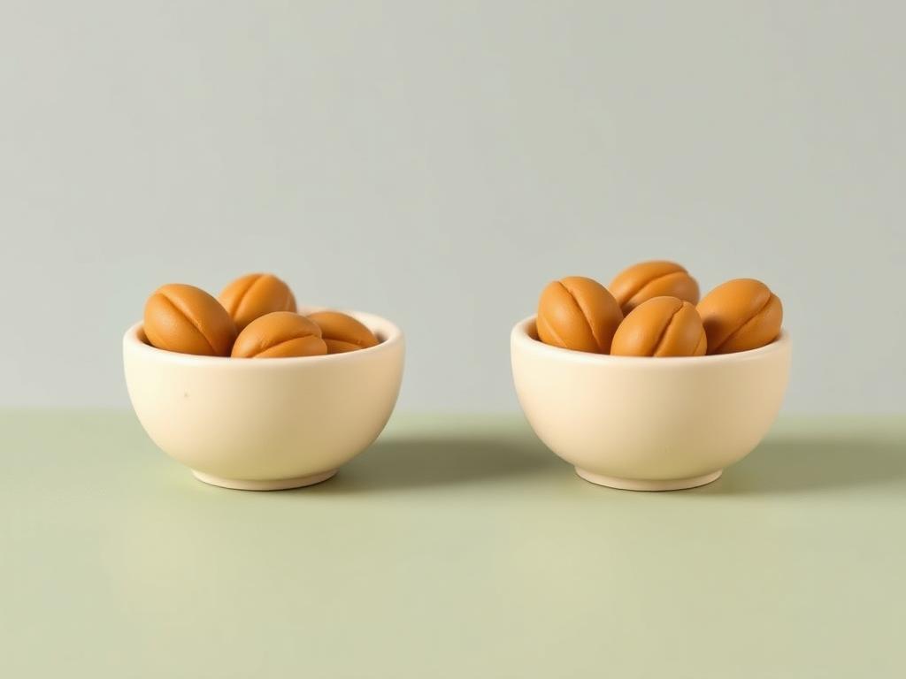 Two identical cream clay bowls holding the same number of gold clay dates on a sage clay tray