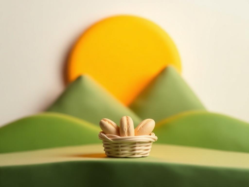 A gold clay sun rising behind sage clay hills with a small cream clay basket of bread in front