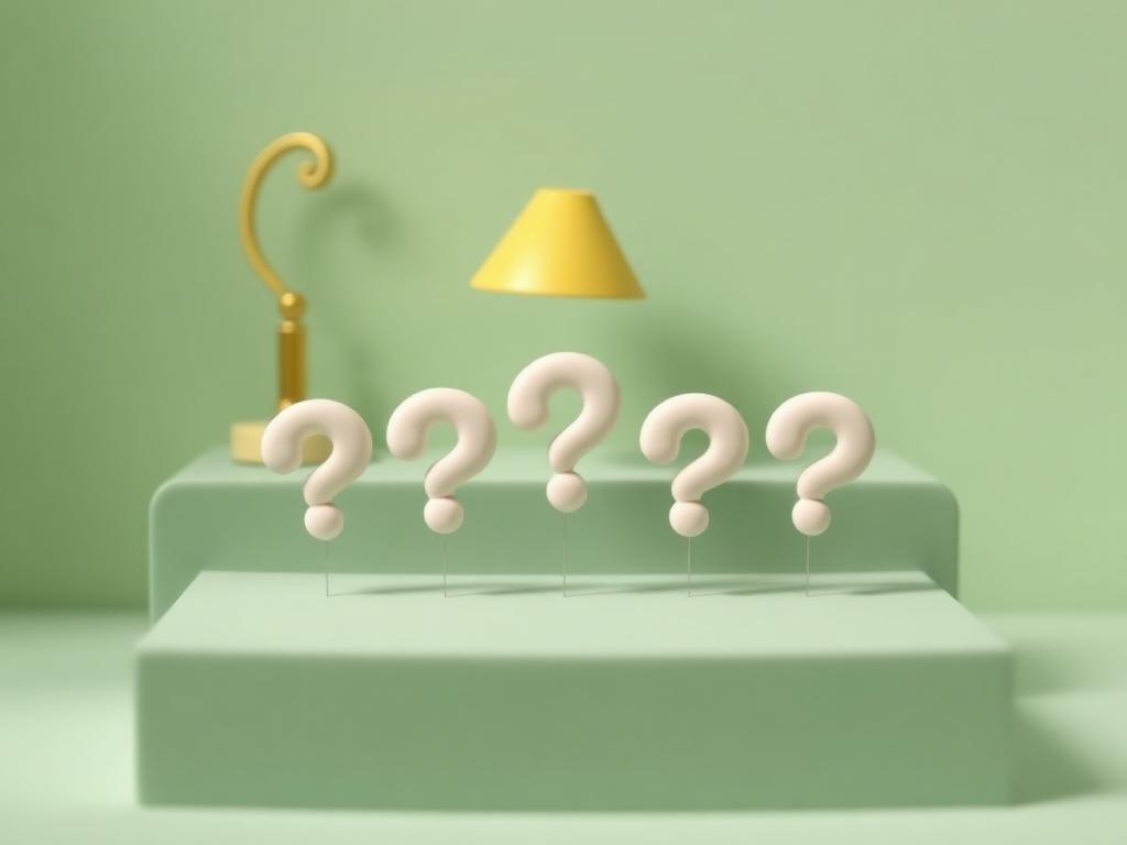 A row of five cream clay question-mark shapes on a sage clay step with a gold clay lamp behind
