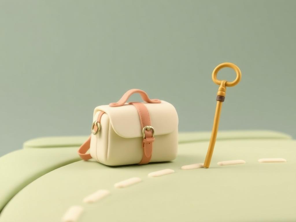 A cream clay travel satchel and a gold clay walking staff resting on a sage clay road