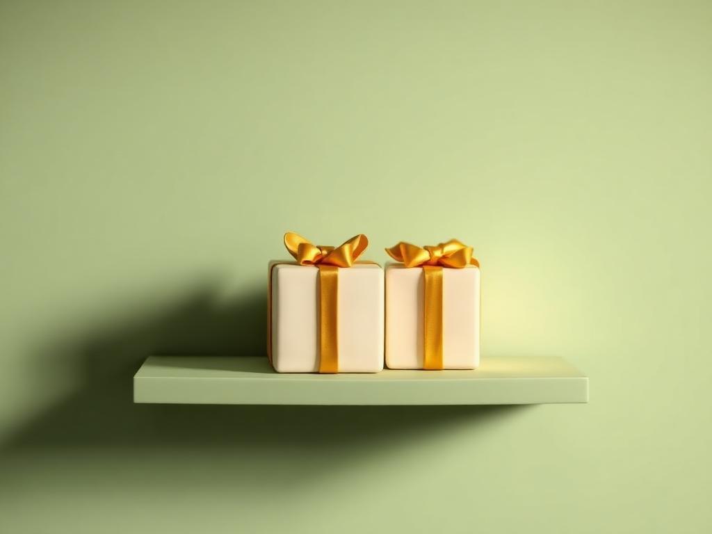Two cream clay gift boxes with gold clay ribbons side by side on a sage clay shelf