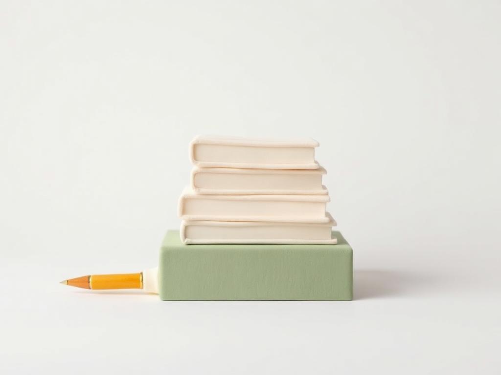 Stack of cream clay books on a sage clay block with a gold clay reed pen